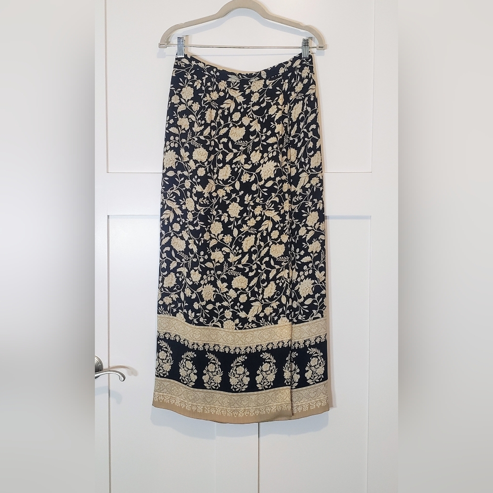 Talbots Vintage Silk Maxi Wrap Style Skirt Black Tan Floral Lined Size 10
